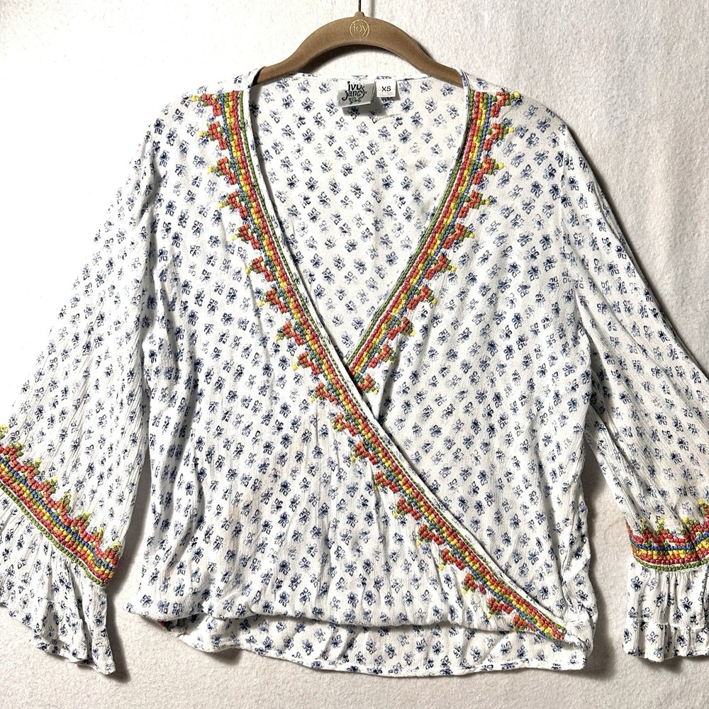 Ivy Jane Women's XS Oversized Aztec Embroidered Faux Wrap Blouse Top